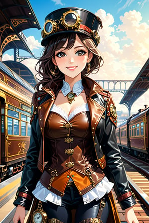 Very beautiful girl, black eyes and hair, with a steampunk leather jacket, waistcoat and hat, intricately detailed brass accessories. Masterpiece, illustration, extremely detailed, warmly smile, bright colors, railway station on background 