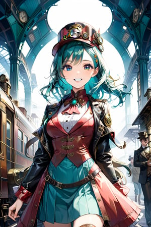 Very beautiful girl with a steampunk teal leather jacket, red waistcoat and hat, intricately detailed brass accessories. Masterpiece, illustration, extremely detailed, beautiful detailed eyes, beautiful detailed mouth, warmly smile, bright colors, railway station on background 