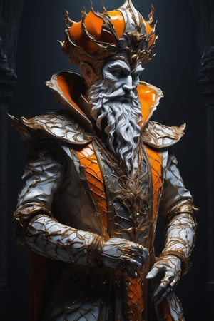 3D artwork, upper body shot of a caracter represesenting an harlequin mighty man with a carnival white mask. High elven hat shaped as a seashell, orange mantle, shining gold jewels and silver chains. (Majestic pose:1.4), (hieratic expression:1.6), emerging from the darkness in the style of Rembrandt. The caracter wears a (white) and orange large luxury suit. The character is illuminated from the side by a dark golden light. Vibrant colors. The background is a black gothic cathedral interior dimly lit by moonlight. UHD, high resolution, 8k.