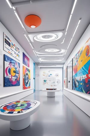 Wide view of a futuristic colorful museal room with some artworks representing graphics and concept maps displayed on the white walls. Futuristic museum. Bright colors, close shot, artint, real_booster, art_booster