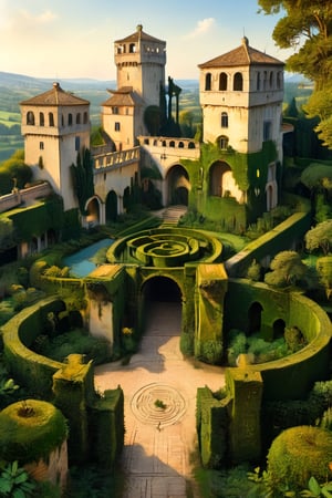 A surreal ancient garden with a medieval high hedge maze, many paths that intersect, outside a French castle. A masterpiece painted by Claude Lorrain, highly detailed leaves, golden hour, romantic landscape, Architectural100, itacstl