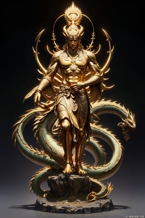 1 chinese full body God with dragon hyperdetailed black bronze sculpture, perfect face, cinematic pose, (masterful:1.3), in the ancient style of the best chinese art, detailed and intricate, golden line, complex background, golden intricately detailed background, black color,bg_imgs,dragon,DonM0ccul7Ru57
