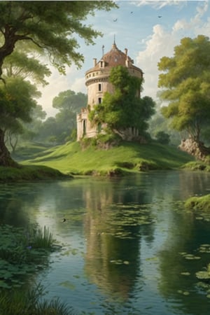 A fantastic greenery ancient garden with a pond in the center and a small French castle tower in the center of the pond. A masterpiece painted by Claude Lorrain and Jean-Honoré Fragonard, highly detailed leaves, (surreal:1.4) atmosphere, romantic landscape,island