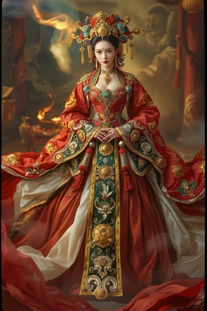 Full body shot of a character standing in majestic pose, hyper realistic representation of a fantasy chinese empress with the most sumptuous wedding hanfu dress made of red and white silk and richly embroidered with gold and silver threads, (wide sleeves:1.2), intricately carved golden badges and tassels, golden line, fire and flame and clouds of smoke. Art by Yoshitaka Amano, Zhong Fenghua, stunning interpretive visual, colorful, dreamy magical atmosphere, (film grain), (warm hue, warm tone), cinematic light, side lightings, Midjourneyart, zhongfenghuaStyle