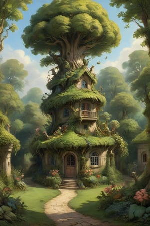 A mystical greenery garden with a treehouse in the center, masterful whimsical topiary sculptures, baroque style vases, flowers, esotic birds, (multiple fantastic spirals of branches and leaves:1.9), dreamy atmosphere, golden vibes, romantic landscape. Masterpiece, rococo style, painted by Francois Boucher and Jean-Honoré Fragonard