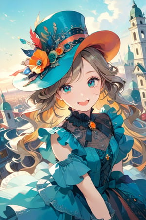 Very beautiful girl with a rococò teal dress, sumptuous hat, masterpiece, illustration, extremely detailed, beautiful detailed eyes, beautiful detailed mouth, warmly smile, (bright colors:1.4), city on background