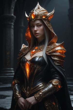 3D artwork, upper body shot represesenting a mighty female young caracter. High elven hat shaped as an orange seashell, mantle, shining gold jewels and silver chains. (Majestic pose:1.4), (hieratic expression:1.6), emerging from the darkness in the style of Rembrandt. The caracter wears a black and orange large luxury dress. The character is illuminated from the side by a dark golden light. Marine vibes. Vibrant colors. The background is a black gothic cathedral interior dimly lit by moonlight. UHD, high resolution, 8k.