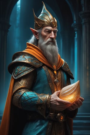 3D artwork, upper body shot of a caracter represesenting a mighty male elf. High elven hat shaped as a seashell, orange mantle, shining gold jewels. (Majestic pose:1.4), (hieratic expression:1.6), emerging from the darkness in the style of Rembrandt. The caracter wears a teal and orange large luxury suit. The character is illuminated from the side by a dark golden light. Vibrant colors. The background is a black gothic cathedral interior dimly lit by moonlight. UHD, high resolution, 8k.