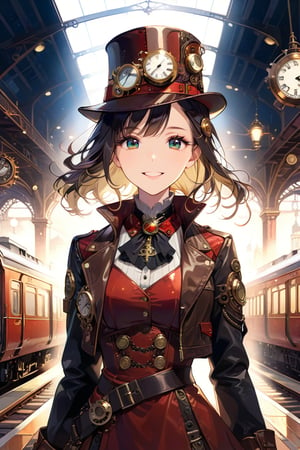 Very beautiful girl with a steampunk leather jacket, red waistcoat and hat, intricately detailed brass accessories. Masterpiece, illustration, extremely detailed, beautiful detailed eyes, beautiful detailed mouth, warmly smile, bright colors, dark light, railway station on background 