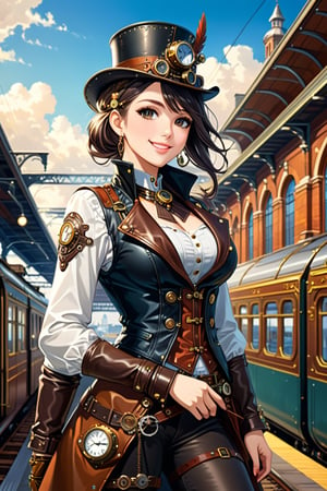 Very beautiful girl, black eyes and hair, with a steampunk leather jacket, waistcoat and hat, intricately detailed brass accessories. Masterpiece, illustration, extremely detailed, warmly smile, bright colors, railway station on background 