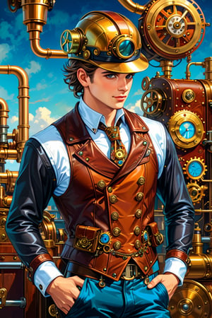 Very skilled industrial mechanic boy, with a steampunk leather double-breasted jacket, waistcoat and helmet, intricately detailed brass accessories. Masterpiece, illustration, extremely detailed, bright colors, industrial background 