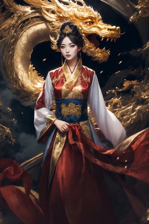 masterpiece, top quality, best quality, official art, beautiful and aesthetic:1.2), chinese empress, chinese goddess, black color long hair, red silk wedding imperial hanfu, approaching to perfection chinese dragon, golden line, ultra-high quality, photorealistic, sky background, dynamic pose, icemagicAI