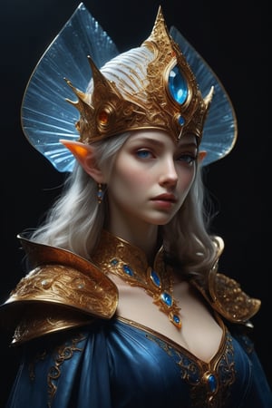 3D artwork, upper body shot represesenting a mighty female young caracter. High elven hat shaped as a white seashell, mantle, shining amber gold jewels. (Majestic pose:1.4), (hieratic expression:1.6), emerging from the darkness in the style of Rembrandt. The caracter wears a blue large luxury dress. The character is illuminated from the side by a dark golden light. Marine vibes. Vibrant colors. The background is a black gothic cathedral interior dimly lit by moonlight. UHD, high resolution, 8k.