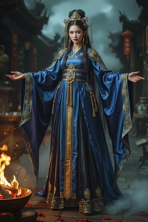 Full body shot of a character standing in majestic pose, representation of a (very tall:1.3) fantasy chinese goddess with the most sumptuous wedding hanfu dress made of (blue) silk and richly (embroidered:1.2) with gold and silver threads, (wide sleeves:1.2), intricately carved golden (badges and tassels:1.2), golden line, dark gothic background, fire and flame and clouds of smoke. Art by Yoshitaka Amano, Zhong Fenghua, stunning interpretive visual, gothic regal, colorful, realistic eyes, dreamy magical atmosphere, cinematic light, side lightings, Midjourneyart