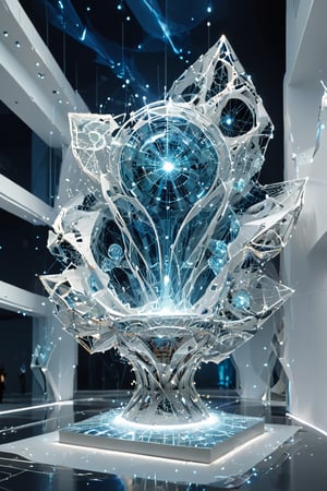 Front view of a museal sculpture displayed on a futuristic pedestal in the white room inside a futuristic museum. BREAK The artwork is (an amazing and captivating abstract sculpture:1.4), (trendwhore style:1.4), (kinetic elements:1.4), deconstructivism, shattered reality, glow, spark, (2004 aesthetics:1.2),(beautiful vector shapes:1.3), white rock theme. Abstract fractal AI generated shape, blue starry sky, gradient background, sharp details, intricate and thick silver wireframes. Highest quality, detailed and intricate, original artwork, trendy, vector art, vintage, award-winning, artint, LW. BREAK wide shot, sharp focus, bright white room,noc-wfhlgr