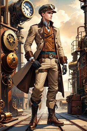 Industrial steampunk mechanic boy, perfectly detailed face, (cap:0.8), steampunk beige leather double-breasted jacket, beige tweed fabric puffed trousers, (leather laced boots:0.8), intricately detailed brass accessories. Masterpiece, illustration, extremely detailed, cinematic pose, industrial background