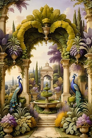 An ancient garden with a sumptuous plant sculpture, masterpiece of topiary art. A masterpiece painted by Claude Lorrain, highly detailed leaves, purple flowers, a peacock at the center of the scene, golde hour, romantic landscape, vivid colour contrasts,  Architectural100, on parchment