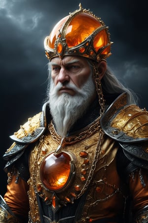 3D artwork, upper body shot of a caracter represesenting a mighty man. High elven hat shaped as a seashell, orange mantle, shining gold jewels and silver chains. (Majestic pose:1.4), (hieratic expression:1.6), emerging from the darkness in the style of Rembrandt. The caracter wears an orange large luxury suit. The character is illuminated from the side by a dark golden light. Vibrant colors. The background is a black gothic cathedral interior dimly lit by moonlight. UHD, high resolution, 8k.