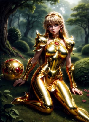 A saint seiya intricately ornated golden armored girl by Luis Royo, (shiny gold:1.6), richly jewels, precious red gems, greenery forest background