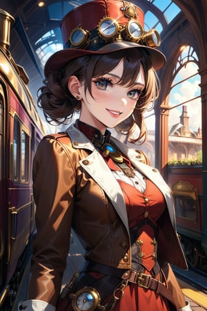 Very beautiful girl with a steampunk beige leather jacket, red waistcoat and hat, intricately detailed brass accessories. Masterpiece, illustration, extremely detailed, beautiful detailed eyes, beautiful detailed mouth, warmly smile, bright colors, victorian railway station on background, complex_background 