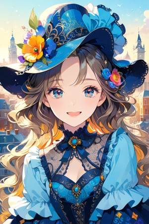 Very beautiful girl with a very ornated victorian bright blue dress, sumptuous hat, masterpiece, illustration, extremely detailed, beautiful detailed eyes, beautiful detailed mouth, warmly smile, (bright colors:1.4), city on background 