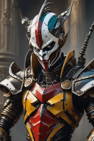 3D artwork, upper body of a caracter represesenting a mighty style harlequin eldar male robot with a high surreal white mask, (surrealistic big stylized full metal helm that resembles the shape of a jester's hat), mantle, bolts and iron chains. (Majestic pose:1.4), (hieratic expression:1.6), emerging from the darkness in the style of Caravaggio. (Red), teal, (yellow), white forming perfect stripes ornamental patterns on a (rusted:0.8) armor. Matte surfaces. Side light, UHD, high resolution, 8k, black gothic cathedral interior background, warm golden light 