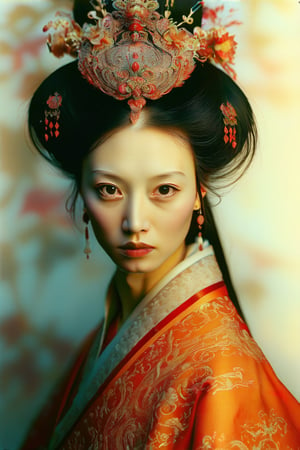 Dappled Light, photo portrait of a character, intricate pencil sketch mugshot of a chinese empress with the most sumptuous wedding hanfu dress:: Tom Bagshaw, Zdzislaw Beksinski, Yoshitaka Amano, Raffaello Ossola, Martin Wittfooth, Luigi Spano, Vladimir Kush :: stunning interpretive visual,, colorful, realistic eyes, dreamy magical atmosphere, (film grain), (warm hue, warm tone),  cinematic light, side lighting,