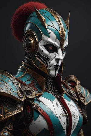 3D rendering masterpiece, upper body of a caracter represesenting a mighty style harlequin eldar male robot with a high surreal white mask, (surrealistic big stylized full metal helm that resembles the shape of a jester's hat), mantle, bolts and iron chains. (Majestic pose:1.4), (hieratic expression:1.6), emerging from the darkness in the style of Caravaggio. (Red), teal, (yellow), white forming perfect stripes ornamental patterns on a (rusted:0.8) armor. Matte surfaces. Side light, UHD, high resolution, 8k, black gothic cathedral interior background, warm golden light 