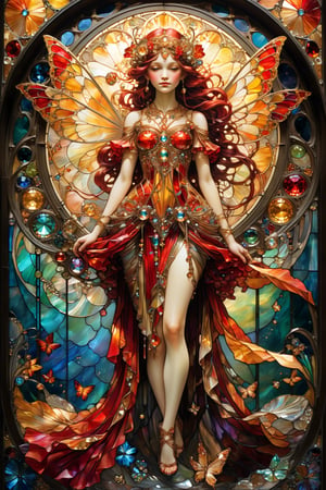 Full body red and gold dressed fairy, magical fantasy art is done in oil paint and liquid chrome, liquid rainbow, best quality, art on a cracked paper, fairytale, patchwork, (stained glass:1.2), storybook detailed illustration, cinematic, ultra highly detailed, tiny details, beautiful details, mystical, luminism, vibrant colors, complex background, resolution hyperdetailed intricate liminal eerie precisionism, intricate background, (dark luminescent:1.2) art by Alphonse Mucha, Kinuko Y Craft, crystalz