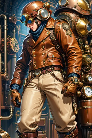 Very skilled industrial mechanic boy, with a steampunk leather double-breasted jacket, leather helmet and goggles, beige tweed puffed trousers, leather laced boots, intricately detailed brass accessories. Masterpiece, illustration, extremely detailed, industrial deep background, sharp focus