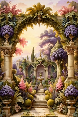 An ancient garden ultra, higly detailed, with a sumptuous plant sculpture, masterpiece of topiary art. A masterpiece painted by Claude Lorrain, highly detailed leaves, purple flowers, a pink peacock at the center of the scene. Golden hour, romantic landscape, vivid colour contrasts,  Architectural100, on parchment
