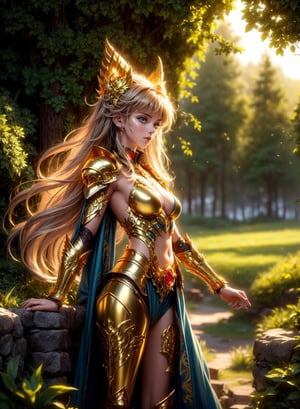 A saint seiya armored girl by Luis Royo, intricately ornated golden armor with precious ruby gems, (small breast), shiny gold, richly jeweled, greenery spring forest background