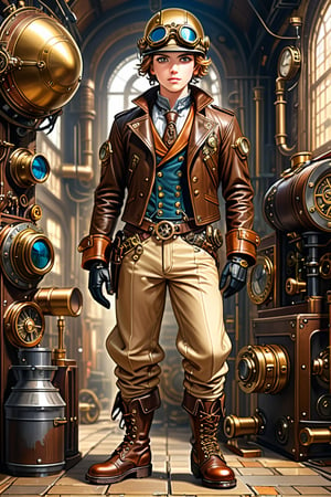 Very skilled industrial mechanic boy, with a steampunk leather double-breasted jacket, leather helmet and goggles, beige tweed puffed trousers, leather laced boots, intricately detailed brass accessories. Masterpiece, illustration, extremely detailed, industrial deep background, extreme image sharpness