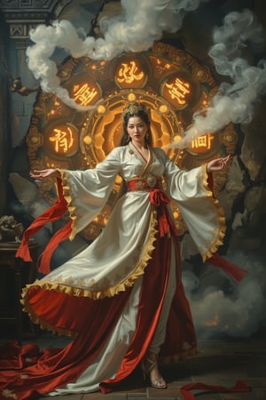 In a sweeping oil painting reminiscent of Rembrandt's mastery, a statuesque fantasy Chinese goddess stands tall at 2 meters, her majestic form draped in an opulent white and red hanfu wedding dress that drapes to the floor. The flowing garment is embroidered with intricate gold and silver threads, its wide sleeves billowing like clouds. Golden badges and tassels adorn her bodice, as if plucked from a celestial realm. Against a dark temple background, a colossal mandala carved into the rock glows with magical luminous symbols that seem to pulse with an otherworldly energy. Flames dance across the surface, casting warm shadows as clouds of smoke swirl around the goddess's ethereal form. As she dances delicately, her dress rises like a mistral wind, imbuing the scene with an air of mystique and enchantment. Cinematic lighting casts a dramatic glow, illuminating her striking features and captivating eyes that seem to hold the secrets of the cosmos. The atmosphere is at once dreamy and magical, as if the very fabric of reality has been woven into this stunning visual tapestry.