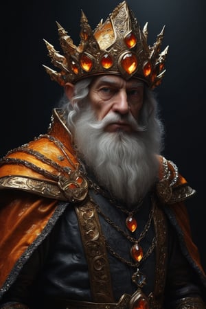 3D artwork, upper body shot of a caracter represesenting an harlequin mighty male. High elven hat shaped as a white seashell, orange mantle, shining gold jewels and silver chains. (Majestic pose:1.4), (hieratic expression:1.6), emerging from the darkness in the style of Rembrandt. The caracter wears an orange large luxury suit. The character is illuminated from the side by a dark golden light. Vibrant colors. The background is a black gothic cathedral interior dimly lit by moonlight. UHD, high resolution, 8k.