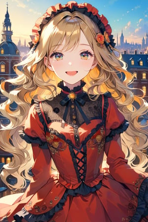 Very beautiful girl with a very ornated victorian red dress, masterpiece, illustration, extremely detailed, beautiful detailed eyes, beautiful detailed mouth, warmly smile, golden hair, (bright colors:1.4), city on background 