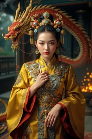 Portrait of a character representing a fantasy chinese goddess, celestial beautiful (manga:1.4) face. She wears the most sumptuous wedding hanfu dress made of yellow silk and richly (embroidered:1.2) with gold and silver threads,  intricately carved golden (badges and tassels:1.2), golden crown, dark gothic exterior temple background with a huge ultra high detailed (chinese red ang golden  dragon:1.4). (Fire and flames) and clouds of smoke. Oil painted by Rembrandt. Stunning interpretive visual, gothic regal, colorful, dreamy magical atmosphere, cinematic light, side lightings, depth of field, Midjourneyart