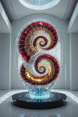 Front view of a museal sculpture displayed on a futuristic pedestal in the white room inside a futuristic museum. BREAK The artwork is an amazing and captivating glass abstract sculpture, with a sea nautilus shell, decorated with small rubies, (kinetic elements:1.4), glow, spark. Golden theme. Abstract fractal AI generated shape, sharp details, intricate and thick golden wireframes. Highest quality, detailed and intricate, original artwork, trendy, award-winning, artint, noc-wfhlgr, art_booster. BREAK wide shot, sharp focus, bright white room