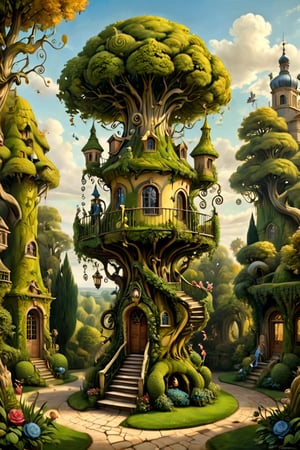 A mystical greenery garden with a treehouse in the center, masterful whimsical topiary sculptures, baroque style vases, flowers, esotic birds, (multiple fantastic spirals of branches and leaves:1.9), dreamy atmosphere, golden vibes, romantic landscape. Masterpiece, rococo style, painted by Michael Cheval and Daniel Merriam 