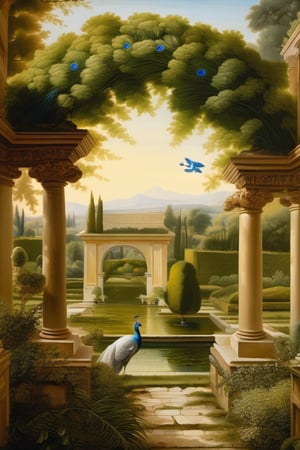 An ultra higly detailed ancient greenery garden with sumptuous masterpieces of topiary art. A masterpiece painted by Claude Lorrain, highly detailed leaves and a (white peacock:1.4) at the center of the scene. Golden hour, romantic landscape,  Architectural100, on parchment