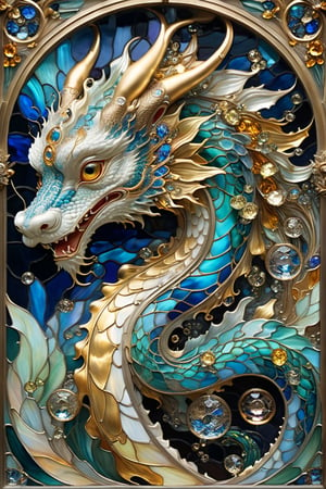 Blue and gold chinese Lung dragon, magical fantasy art is done in oil paint and liquid chrome, liquid rainbow, best quality,  fairytale, patchwork, (stained glass:1.2), storybook detailed illustration, cinematic, ultra highly detailed, tiny details, beautiful details, mystical, luminism, vibrant colors, complex background, resolution hyperdetailed intricate liminal eerie precisionism, intricate background, (dark luminescent:1.2) art by Alphonse Mucha, Kinuko Y Craft, Alan Lee, crystalz