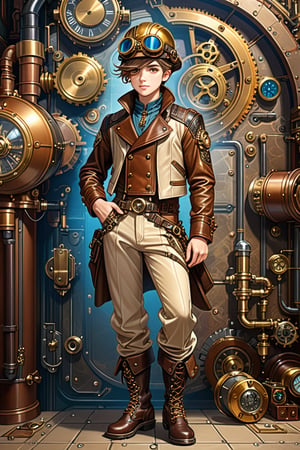 Very skilled industrial mechanic boy, with a steampunk leather double-breasted jacket, leather helmet and goggles, beige tweed puffed trousers, leather laced boots, intricately detailed brass accessories. Masterpiece, illustration, extremely detailed, industrial deep background 