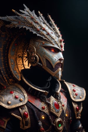 Three-quarter portrait, venetian carnival multicolored stempunk cyborg, bone surfaced armor, red color armor, backlit, intricate details, highly detailed, slate atmosphere, cinematic, dimmed colors, dark shot, muted colors, film grain, lut, spooky, depth blur, blurry background dof, bokeh, 3d style,DonM0ccul7Ru57
