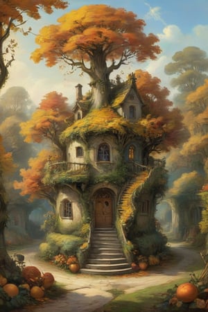 A mystical autumnal garden with a treehouse in the center, masterful whimsical topiary sculptures, baroque style vases, yellow, orange and red leaves, esotic birds, (multiple fantastic spirals of branches and leaves:1.9), dreamy atmosphere, golden vibes, romantic landscape. Masterpiece, rococo style, painted by Jean-Honoré Fragonard and Jan Bruegel