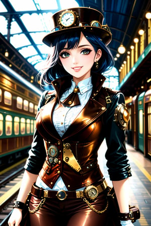 Very beautiful girl, black eyes and hair, with a steampunk leather jacket, waistcoat and hat, intricately detailed brass accessories. Masterpiece, illustration, extremely detailed, warmly smile, bright colors, dark light, railway station on background 