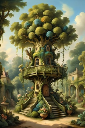 A mystical greenery garden with a treehouse in the center, masterful whimsical topiary sculptures, baroque style vases, flowers, esotic birds, (multiple fantastic spirals of branches and leaves:1.9), dreamy atmosphere, golden vibes, romantic landscape. Masterpiece, rococo style, painted by Francois Boucher and Daniel Merriam 