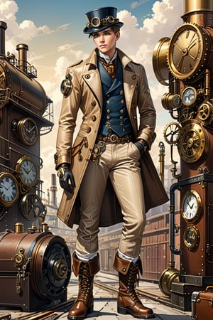 Industrial steampunk mechanic boy, perfectly detailed face, hat, steampunk beige leather double-breasted jacket, beige tweed fabric puffed trousers, leather laced boots, intricately detailed brass accessories. Masterpiece, illustration, extremely detailed, industrial background