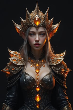 3D artwork, upper body shot represesenting a mighty female young caracter. High elven hat shaped as an orange seashell, mantle, shining gold jewels and silver chains. (Majestic pose:1.4), (hieratic expression:1.6), emerging from the darkness in the style of Rembrandt. The caracter wears a black and yellow large luxury dress. The character is illuminated from the side by a dark golden light. Marine vibes. Vibrant colors. The background is a black gothic cathedral interior dimly lit by moonlight. UHD, high resolution, 8k.