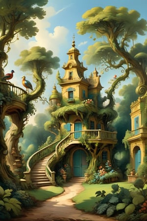 A mystical greenery garden with a treehouse in the center, masterful whimsical topiary sculptures, baroque style vases, flowers, esotic birds, (multiple fantastic spirals of branches and leaves:1.9), dreamy atmosphere, golden vibes, romantic landscape. Masterpiece, rococo style, painted by Jean-Honoré Fragonard