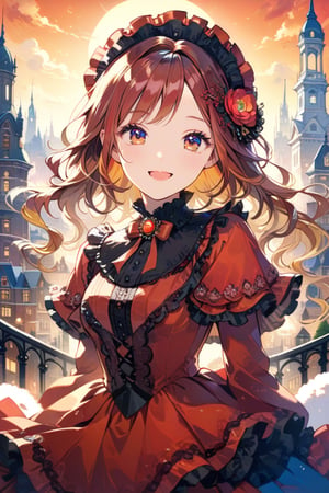 Very beautiful girl with a very ornated victorian red dress, masterpiece, illustration, extremely detailed, beautiful detailed eyes, beautiful detailed mouth, warmly smile, (bright colors:1.4), city on background 